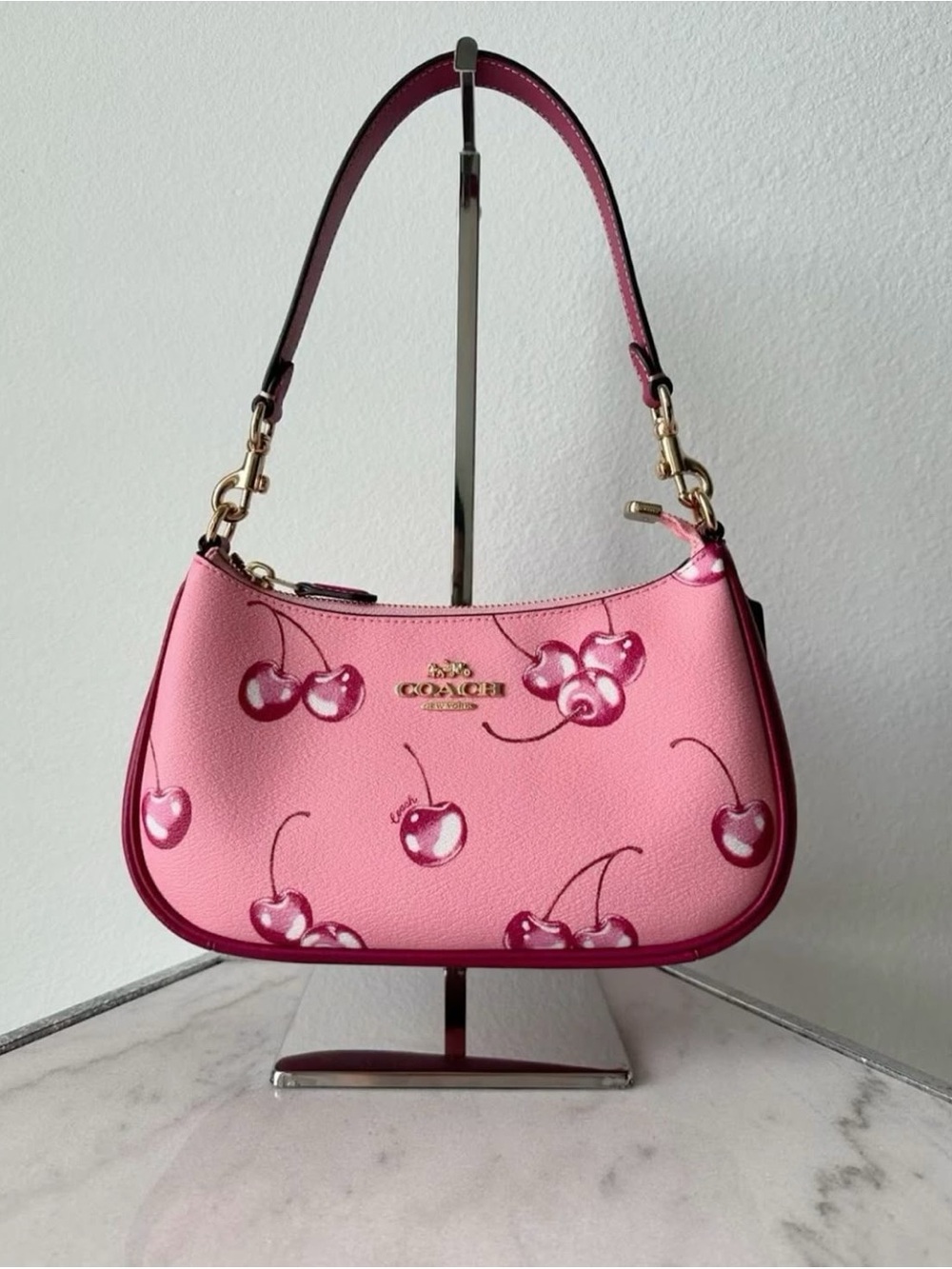 Coach Pink Cherry-Print Shoulder Bag with Burgundy Trim
